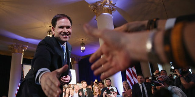 MIAMI, FL - APRIL 13: U.S. Sen. Marco Rubio (R-FL) greets people after announcing his candidacy for the Republican presidential nomination during an event at the Freedom Tower on April 13, 2015 in Miami, Florida. Rubio is one of three Republican candidates to announce their plans on running against the Democratic challenger for the White House.