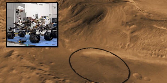 This computer-generated view shows Mars' Gale crater (circled), which NASA has selected as the landing site for the next Mars rover (inset), due to hit the planet in August 2012.