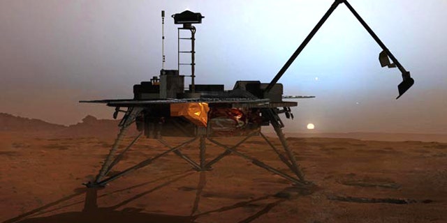 In this artist's concept illustration, NASA's Phoenix Mars Lander begins to shut down operations as winter sets in.