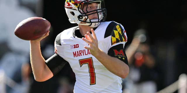 Maryland quarterback Caleb Rowe throws during the second half of an NCAA college football game against Indiana Saturday, Sept. 27, 2014, in Bloomington, Ind. Maryland defeated Indiana 37-15. (AP Photo/Darron Cummings)