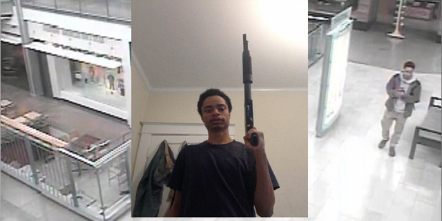 A photo composite of an undated photo of Darion Marcos Aguilar and a video surveillance photo provided by the Howard County Police Department, Darion Marcus Aguilar approaches a Zumiez skateboarding and snowboarding store in Columbia Mall in Columbia, Md. Aguilar killed two employees store before turning his gun on himself. Police said Wednesday, March 12, that he acted alone, had no connection with his victims and may have had a fixation with the 1999 Columbine High School shooting. (AP Photo/Howard County Police Department)