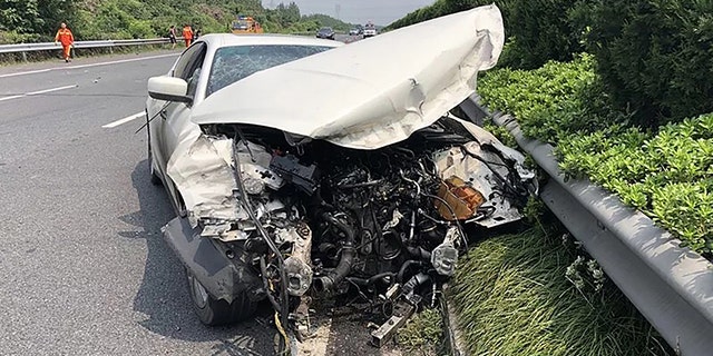Pic shows: The crashed Maserati
This is the moment a man writes off a Maserati on a motorway going over 110mph after he borrowed it from a friend.
Traffic cameras on the Hangzhou-Pudong Expressway show the driver, surnamed Shi, losing control of the pricey sports car before wrecking it outside of the city of Jiaxing in East Chinaâs Zhejiang province.
The vehicle, which appears to be a 2016 Maserati Ghibli, was lent to Shi by his friend, who was not present at the time of the accident.
CCTV footage shows Shi speeding into view on the largely empty motorway but suddenly veering wildly to the right of the expressway before slamming into the crash barriers.
Images show the front and side of the Maserati completely destroyed and the airbags having been deployed.
Jiaxing traffic police said several dozen feet of the crash barrier were also damaged during the accident, which fortunately involved no other cars.
The authorities said they immediately tracked down Shiâs contact information and asked him as well as his two passengers to seek shelter by the roadside in order to avoid a secondary accident.
Shi admitted to investigators that he had been speeding at the time of the crash, going up to 180 kph (111 mph) in a 120-kph (75-mph) zone.
Jiaxing police said they had no reason to doubt Shiâs speeding claims, but they would confirm following an independent investigation.
Shi and his two passengers survived without serious injury thanks to their seat belts, reports said.
It has since been revealed that the owner of the car paid over 1 million RMB (112,651 GBP) for the Maserati after tax.
The carâs insurer is not expected to pay out in full due to the unlawful cause of the accident, the police said.