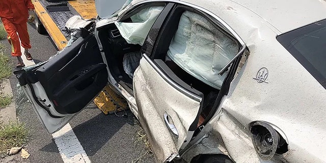 Pic shows: The crashed Maserati
This is the moment a man writes off a Maserati on a motorway going over 110mph after he borrowed it from a friend.
Traffic cameras on the Hangzhou-Pudong Expressway show the driver, surnamed Shi, losing control of the pricey sports car before wrecking it outside of the city of Jiaxing in East Chinaâs Zhejiang province.
The vehicle, which appears to be a 2016 Maserati Ghibli, was lent to Shi by his friend, who was not present at the time of the accident.
CCTV footage shows Shi speeding into view on the largely empty motorway but suddenly veering wildly to the right of the expressway before slamming into the crash barriers.
Images show the front and side of the Maserati completely destroyed and the airbags having been deployed.
Jiaxing traffic police said several dozen feet of the crash barrier were also damaged during the accident, which fortunately involved no other cars.
The authorities said they immediately tracked down Shiâs contact information and asked him as well as his two passengers to seek shelter by the roadside in order to avoid a secondary accident.
Shi admitted to investigators that he had been speeding at the time of the crash, going up to 180 kph (111 mph) in a 120-kph (75-mph) zone.
Jiaxing police said they had no reason to doubt Shiâs speeding claims, but they would confirm following an independent investigation.
Shi and his two passengers survived without serious injury thanks to their seat belts, reports said.
It has since been revealed that the owner of the car paid over 1 million RMB (112,651 GBP) for the Maserati after tax.
The carâs insurer is not expected to pay out in full due to the unlawful cause of the accident, the police said.