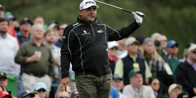 Angel Cabrera during a practice round for the Masters golf tournament, on April 8, 2014, in Augusta, Ga.