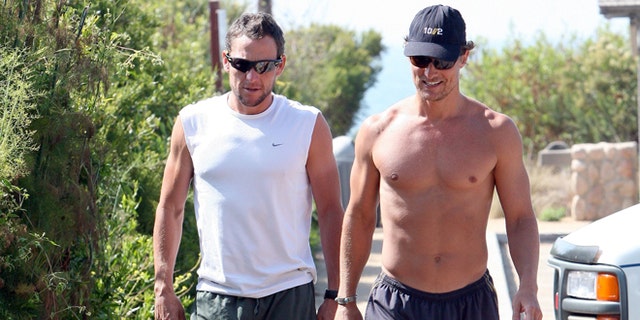 Matthew McConaughey and Lance Armstrong jogging in Malibu July 2, 2008.