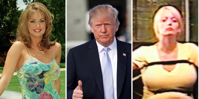 Playboy model Karen McDougal, left, sued to be released from a 2016 agreement requiring her to keep quiet about an alleged tryst she claims she had with Donald Trump, as Stormy Daniels said she passed a 2011 polygraph test.