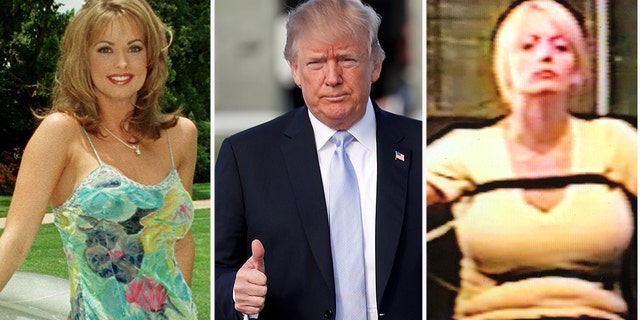 Playboy model Karen McDougal, left, sued to be released from a 2016 agreement requiring her to keep quiet about an alleged tryst she claims she had with Donald Trump, as Stormy Daniels said she passed a 2011 polygraph test.