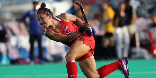 MANHEIM, PA - JULY 18:  Melissa Gonzalez #5 of Team USA takes a shot against Team India in the first half during a field hockey match in preparation for the upcoming Rio Olympics on July 18, 2016 in  Manheim, Pennsylvania.  (Photo by Rob Carr/Getty Images)