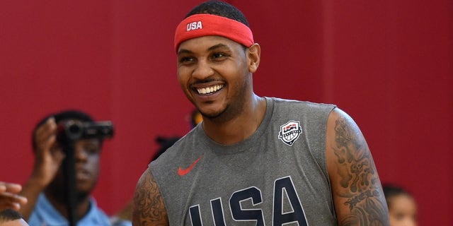 LAS VEGAS, NV - JULY 18:  Carmelo Anthony (L) #15 of the 2016 USA Basketball Men's National Team laughs on the court during a practice session at the Mendenhall Center on July 18, 2016 in Las Vegas, Nevada.  (Photo by Ethan Miller/Getty Images)