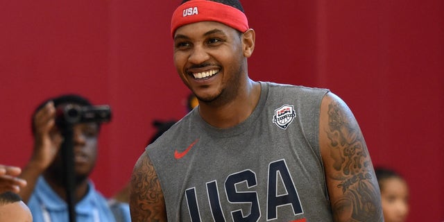 LAS VEGAS, NV - JULY 18: Carmelo Anthony (L) #15 of the 2016 USA Basketball Men's National Team laughs on the court during a practice session at the Mendenhall Center on July 18, 2016 in Las Vegas, Nevada. (Photo by Ethan Miller/Getty Images)