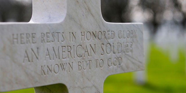 FILE - In this Friday, March 24, 2017 file photo, a gravestone marker for an unknown American soldier sits in the rows crosses at the Meuse-Argonne American cemetery in Romagne-sous-Montfaucon, France. NATOâs memorial recalls those killed on allied missions, but few know the names of the dead. NATO officials usually refer back to the member nations but the lack of clarity becomes a more poignant question as Mondayâs U.S. Memorial Day draws closer. (AP Photo/Virginia Mayo, File)