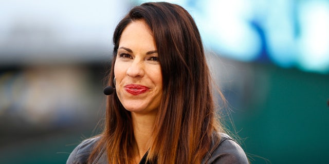 Jessica Mendoza of ESPN speaks on set the day before Game 1 of the 2015 World Series between the Royals and Mets at Kauffman Stadium on October 26, 2015 in Kansas City, Missouri.  (Photo by Maxx Wolfson/Getty Images)