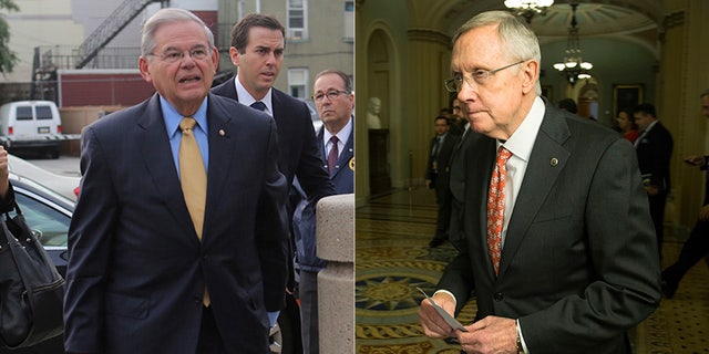 At left, Sen. Bob Menendez, D-N.J.; at right, former Senate Democratic Leader Harry Reid, D-Nev.