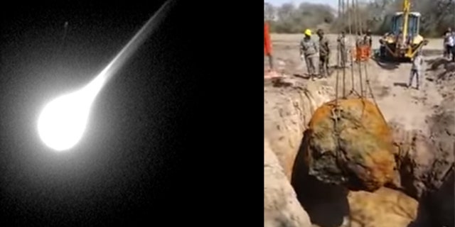 A meteorite entering the Earth's atmosphere (left), and the Gancedo meteorite found in Argentina. (Images: Left, photo by George Varros and Dr. Peter Jenniskens/NASA/Getty Images; right, screen grab from video released by Argentine government.)