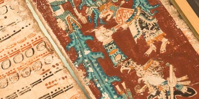 DRESDEN, GERMANY - NOVEMBER 08: A sky caiman vomits water on one of the last pages of the 12th-century Dresden Codex, also known as the "Codex Dresdensis", one of four historic Mayan manuscripts that still exist in the world and that together suggest modern civilization will come to an end on December 21, at the Saxon State Library on November 8, 2012 in Dresden, Germany. The documents enumerate the Mayan calendar, which will complete its 13th cycle on December 21, 2012 and many people across the globe are interpreting the calendar to mean impending global devastation and the birth of a new order are near. (Photo by Joern Haufe/Getty Images)
