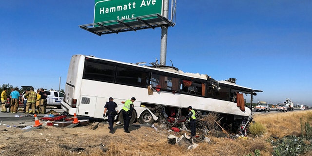 Scene of a charter bus crash on northbound Highway 99 between Atwater and Livingston, Calif., Tuesday, Aug. 2, 2016.