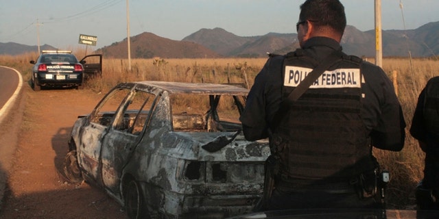 Federal police stand next to a bullet riddled and burned car after a criminal gang ambushed a police convoy near the town of Soyatlan, near Puerto Vallarta, Mexico, Monday, April 6, 2015. (AP Photo)