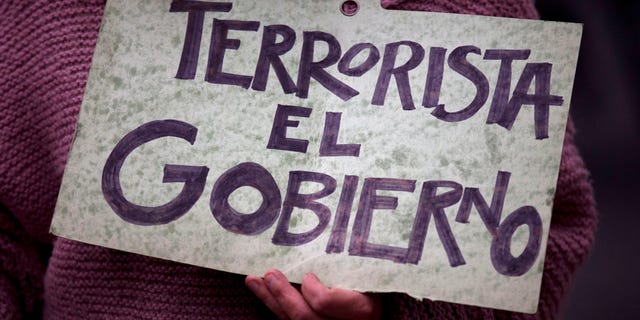 A Protestor holds a sign that reads in Spanish "The Government is terrorist," during a march to call for the return of 43 missing students, as well as the release of 11 people detained during a massive demonstration days earlier, in Mexico City, Tuesday, Nov. 25, 2014. Nearly two months after the students disappeared following an attack by police, protests only continue to multiply, as citizens demand that the government find the missing students alive. (AP Photo/Rebecca Blackwell)