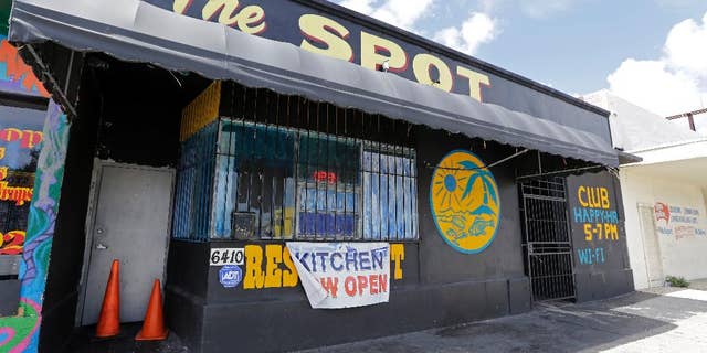 The Spot, a club in Miami, Fla., where at least 15 people were wounded in a shooting early Sunday, Sept. 28, 2014, police said. Miami police said gunfire erupted around 1 a.m. Sunday at the club. It’s unclear how many shooters there were and what caused the shooting.  (AP Photo/Alan Diaz)