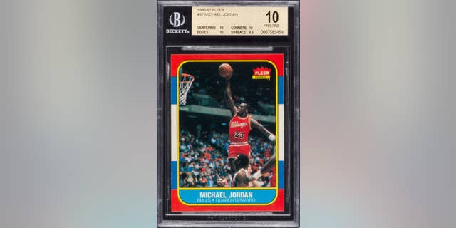 This image provided by Heritage Auctions in Dallas shows a 1986 Michael Jordan rookie trading card. Heritage Auctions expects the Fleer card top condition to garner more than $80,000 at auction. It is expected to sell sometime after midnight Thursday, Nov. 6, 2014. (AP Photo/Heritage Auctions)