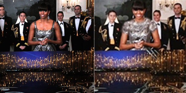 Michelle Obama is seen at the Oscars, left. Her dress was edited by Far News in Iran, right.