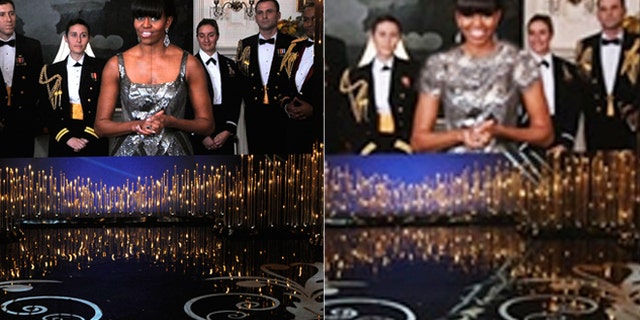 Michelle Obama is seen at the Oscars, left. Her dress was edited by Far News in Iran, right.