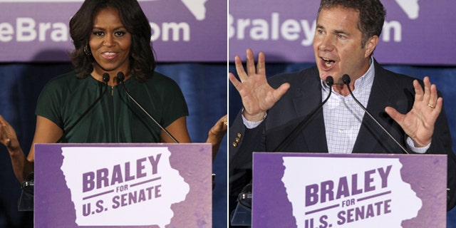 In these Oct. 21, 2014 photos, First lady Michele Obama campaigns for Iowa Democratic Senate candidate Bruce Braley during a rally at the University of Iowa, in Iowa City, Iowa.