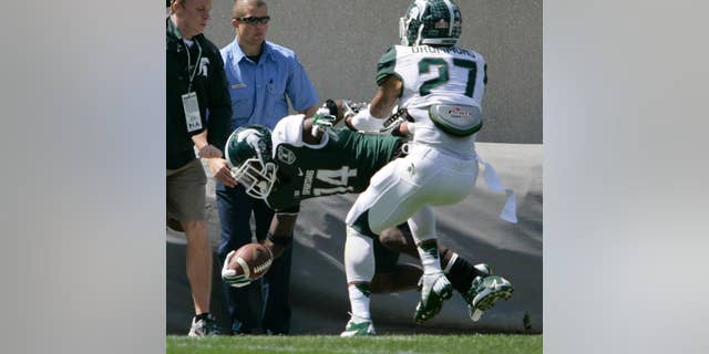 Green team receiver Tony Lippett (14) is pushed out of bounds by White team's Kurtis Drummond (27) during Michigan State's NCAA college spring football scrimmage on Saturday, April 26, 2014, in East Lansing, Mich. The White team won 20-13. (AP Photo/Al Goldis)