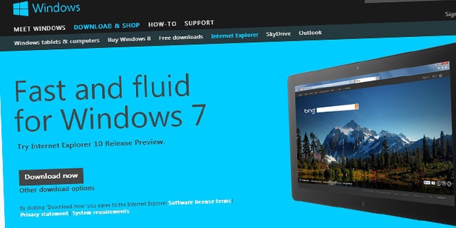 Nov. 13, 2012: A screenshot of Microsoft's website advertises Internet Explorer 10 for Windows 7, a new release of the browser enhanced to accomodate touch-screen computers and devices.