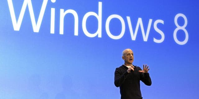  Steven Sinofsky, then-president of the Microsoft Windows group, delivers his presentation at the launch of Microsoft Windows 8.