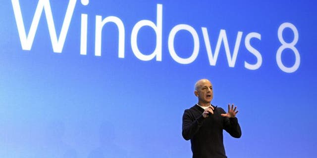Steven Sinofsky, then-president of the Microsoft Windows group, delivers his presentation at the launch of Microsoft Windows 8.