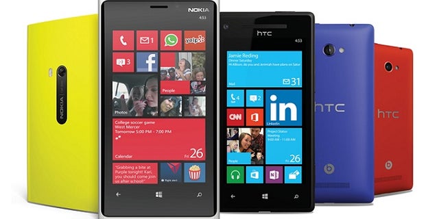 A collection of phones from different manufacturers running the newly released Windows Phone 8 softtware.