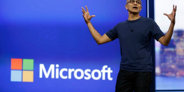 In this April 2, 2014 file photo, Microsoft CEO Satya Nadella gestures during the keynote address of the Build Conference in San Francisco.