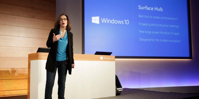 Hayete Gallot, senior director, Microsoft Devices, on Wednesday, Jan. 21, 2015, unveils Surface Hub, a complete device built to empower people to be more productive together.