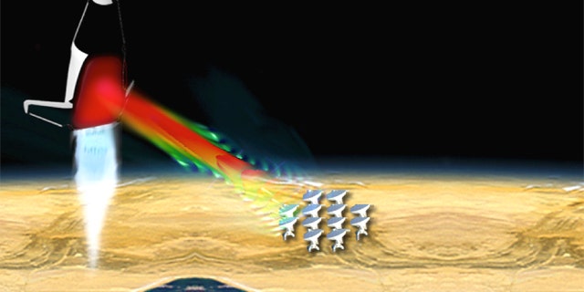 A conceptual microwave-propelled lightcraft receives microwave beams from an array of microwave sources on the ground.