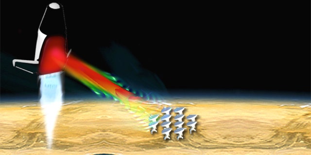 A conceptual microwave-propelled lightcraft receives microwave beams from an array of microwave sources on the ground.
