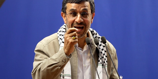 Aug. 17, 2012: Iranian President Mahmoud Ahmadinejad speaks at the conclusion of an annual pro-Palestinian rally in Tehran.