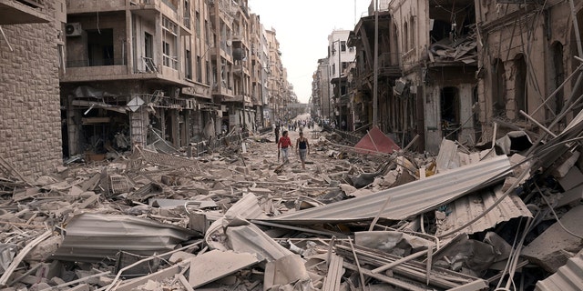 Syrian men walk at a street between destroyed buildings where triple bombs rocked at the Saadallah al-Jabri square, in Aleppo, Syria, Oct. 3, 2012. Entire blocks of apartment buildings have been shattered during the deadly civil war in Syria. 