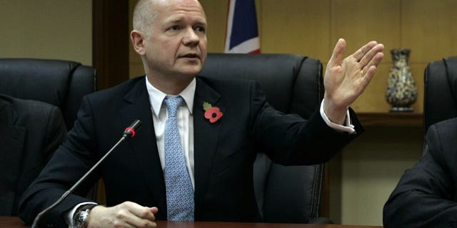 Nov. 3: British Foreign Secretary William Hague gestures during his meeting with Palestinian Prime Minister Salam Fayyad, not seen, in the West Bank city of Ramallah.