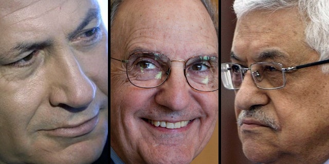 U.S. Mideast envoy George Mitchell, center, will shuttle between Palestinian President Mahmoud Abbas and Israeli Prime Minister Benjamin Netanyahu to narrow vast differences on terms of Palestinian statehood.