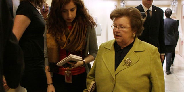 FILE: February 25, 2015: Sen. Barbara Mikulski, D-Md., talks with a reporter on Capitol Hill, Washington, D.C.