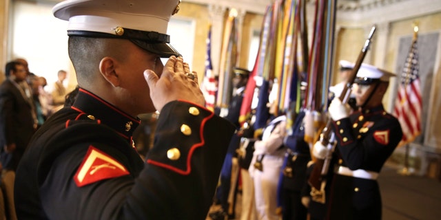 U.S. Marine Corps Lance Cpl. Nicolas Alvarado Lopez during a naturalization ceremony July 3, 2013 in Washington, DC.