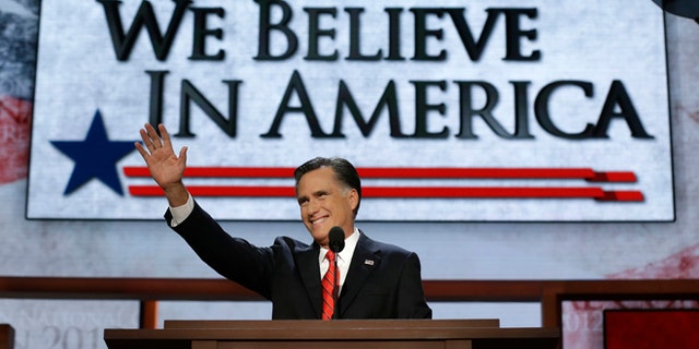 Aug. 30, 2012: Republican presidential nominee Mitt Romney acknowledges delegates before speaking at the Republican National Convention in Tampa, Fla.
