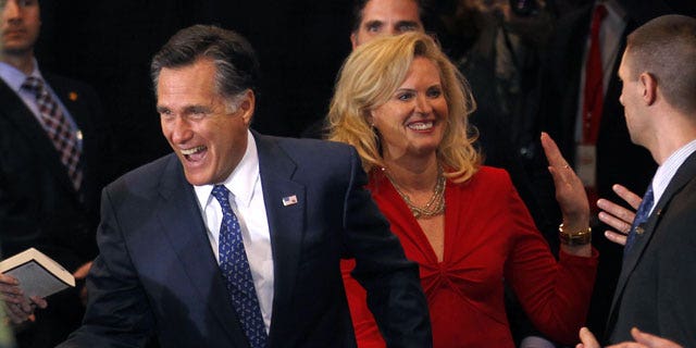Feb. 28, 2012: Republican presidential candidate, former Massachusetts Gov. Mitt Romney, arrives with his wife Ann at his election watch party after winning the Michigan primary in Novi, Michigan.