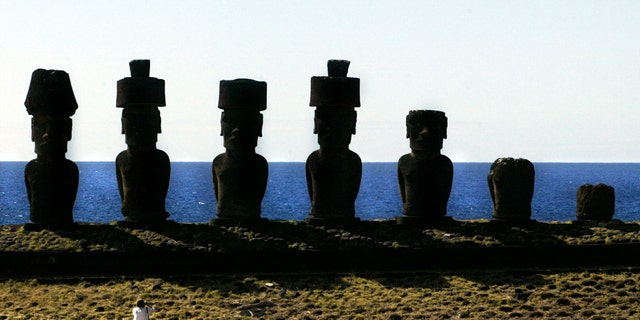 A view of "Moai" statues in the Anakena beach on Easter Island, 2,486 miles west of Santiago, in this photo taken October 29, 2003.