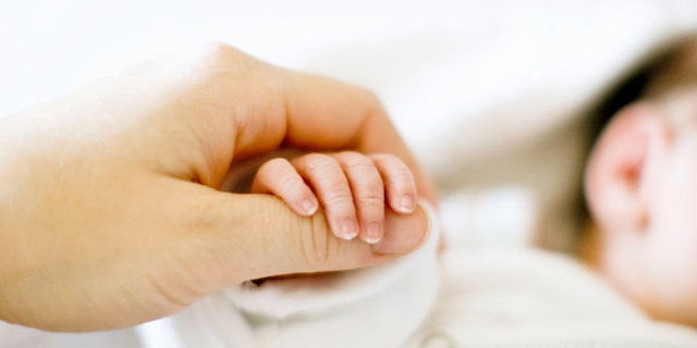 Newborn holding mothers thumb. A little grain, shot at 250 ISO