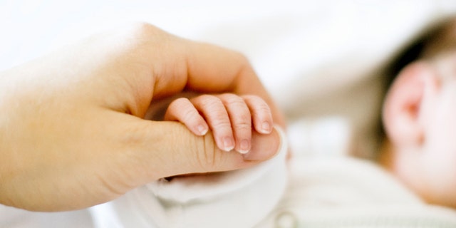 Newborn holding mothers thumb. A little grain, shot at 250 ISO