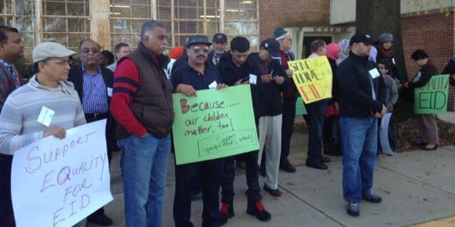 November 11, 2014: Muslims in Montgomery County, Md. gather outside a meeting of the county's school board to demand that the Muslim holiday of Eid al-Ahad receive recognition as an official religious holiday off from school. (MyFoxDC.com)
