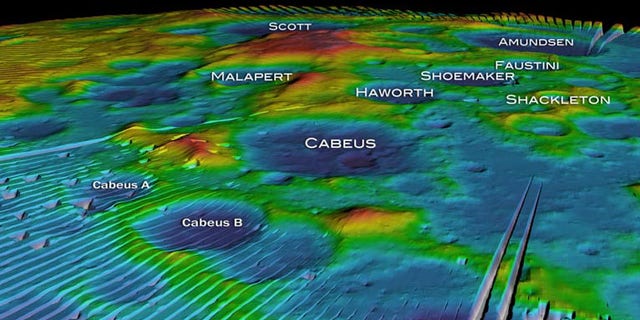 This mosaic, taken from a NASA animation, shows altitude measurements of the moon's south pole from the LOLA instrument aboard the Lunar Reconnaissance Orbiter. Some craters, including Cabeus A that will be hit by the LCROSS probe, are named in this view released Sept. 17, 2009.
