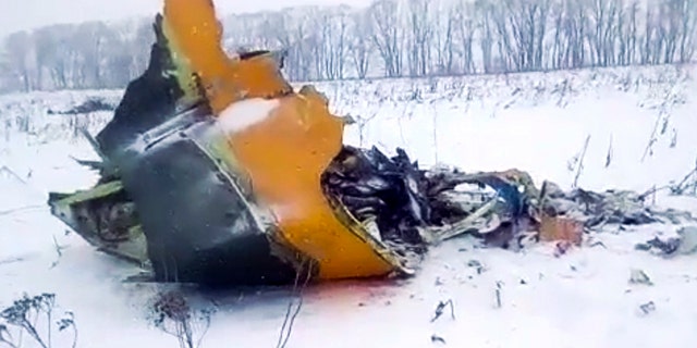 In this screen grab provided by the Life.ru, the wreckage of a AN-148 plane is seen in Stepanovskoye village, about 25 miles from the Domodedovo airport, Russia, Sunday, Feb. 11, 2018.